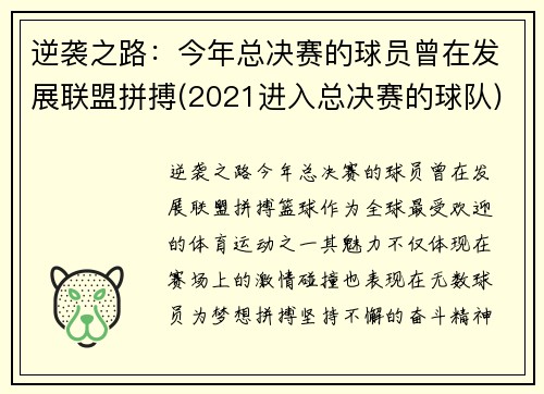 逆袭之路：今年总决赛的球员曾在发展联盟拼搏(2021进入总决赛的球队)