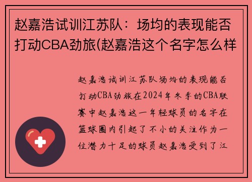 赵嘉浩试训江苏队：场均的表现能否打动CBA劲旅(赵嘉浩这个名字怎么样)