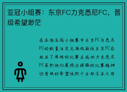 亚冠小组赛：东京FC力克悉尼FC，晋级希望渺茫
