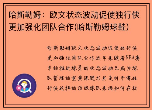 哈斯勒姆：欧文状态波动促使独行侠更加强化团队合作(哈斯勒姆球鞋)