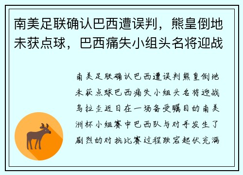 南美足联确认巴西遭误判，熊皇倒地未获点球，巴西痛失小组头名将迎战乌拉圭