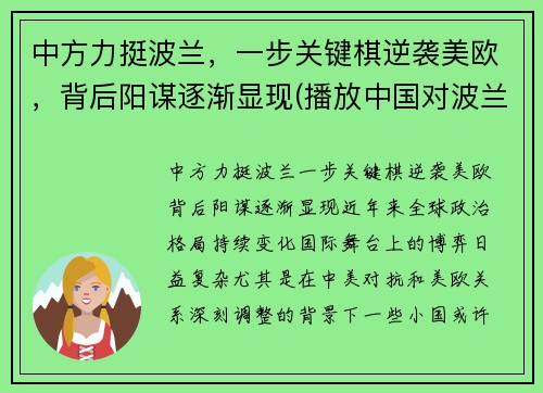 中方力挺波兰，一步关键棋逆袭美欧，背后阳谋逐渐显现(播放中国对波兰)