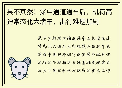 果不其然！深中通道通车后，机荷高速常态化大堵车，出行难题加剧